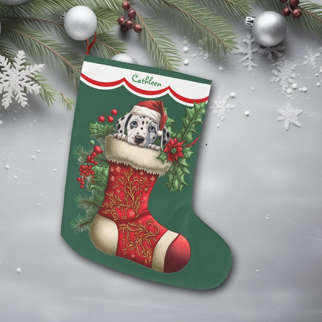 Cute jul Dalmatian Puppy Peeking Stor Julstrumpa (Skapare uppladdad)