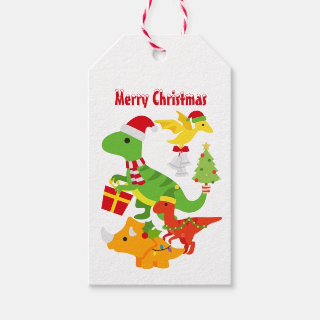 Cute Jul Dinosaur Kids White Presentetikett (Framsidan)