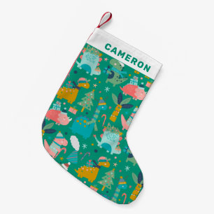 Cute jul Dinosaur Mönster Grönt Personlig Liten Julstrumpa