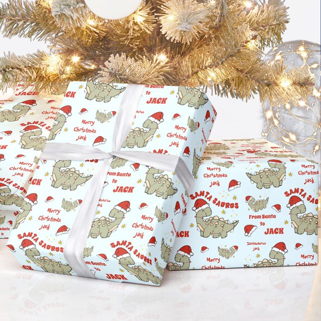 Cute jul Dinosaur Santasaurus Blue Namn Presentpapper (Cute Christmas Dinosaur Santasaurus Blue Name Wrapping Paper)