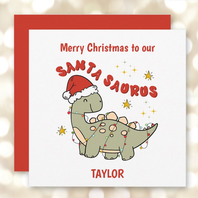 Cute Jul Dinosaur Santasaurus Namn Julkort (Cute Christmas Dinosaur Santasaurus Name Holiday Card)