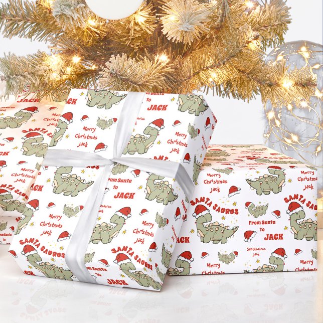 Cute Jul Dinosaur Santasaurus Namn Presentpapper (Cute Christmas Dinosaur Santasaurus Name Wrapping Paper)