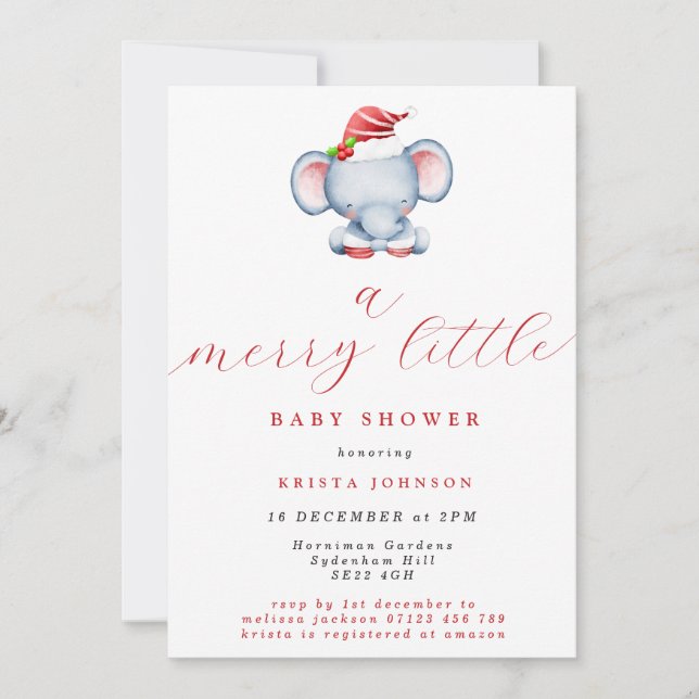 Cute jul Elephant Merry Little Baby Shower Inbjudningar (Framsida)