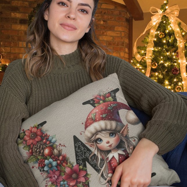 Cute Jul Elf Festive W Faux Tan Leather Kudde (Skapare uppladdad)