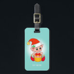 Cute Jul Elf & Gift Box på Teal Bagagebricka<br><div class="desc">Klar julklapp som håller en presentlåda på ljusblått luggagemärke. Alla redon som ska vara personlig.</div>