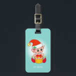 Cute Jul Elf & Gift Box på Teal Bagagebricka<br><div class="desc">Klar julklapp som håller en presentlåda på ljusblått luggagemärke. Alla redon som ska vara personlig.</div>