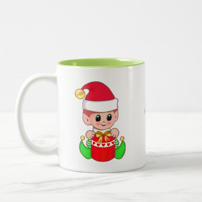 Cute Jul Elf & Lycklig Time Calligraphy Två-Tonad Mugg (Vänster)