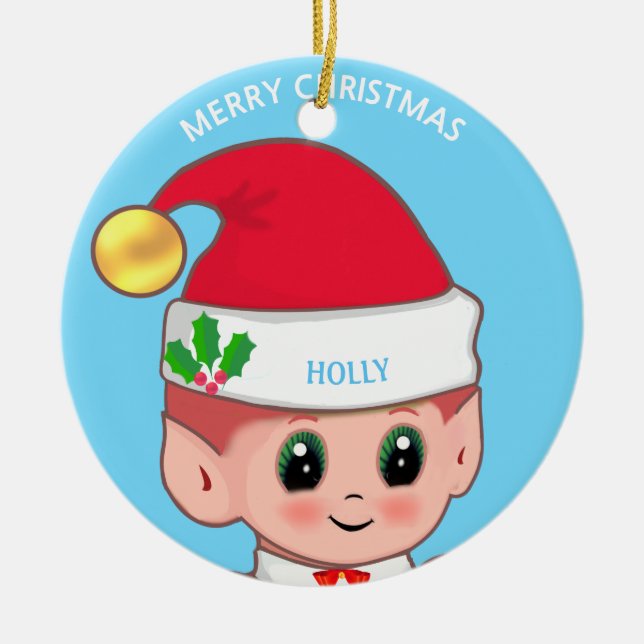 Cute Jul Elf och anpassat namn på Light Blue Julgransprydnad Keramik (Framsidan)