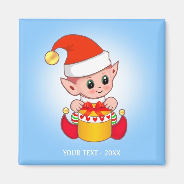 Cute Jul Elf och din text ljusblå Magnet (Framsidan)
