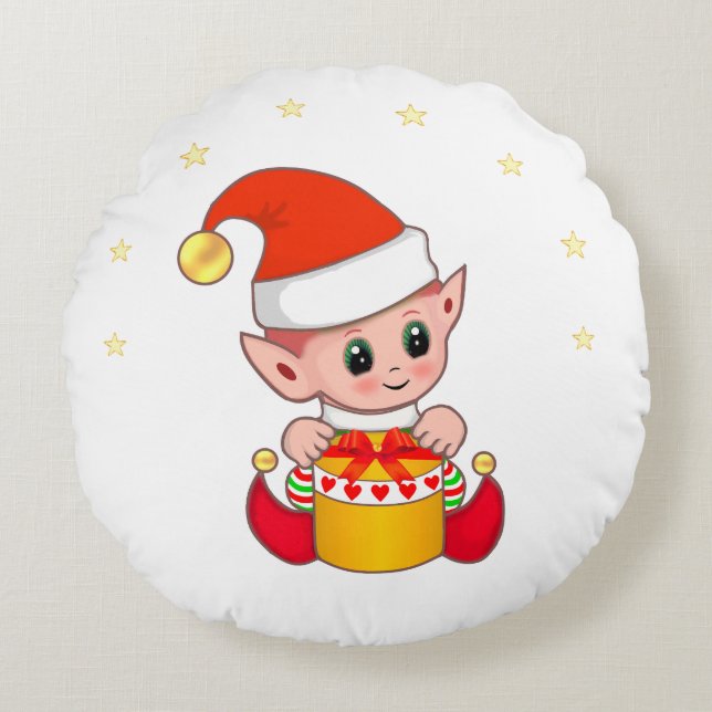 Cute Jul Elf & Stars Rund Kudde (Framsidan)