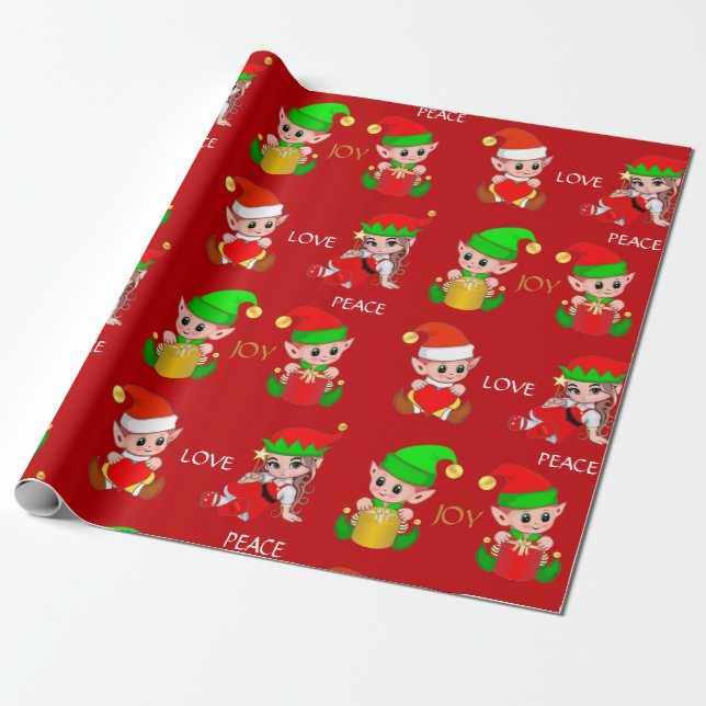 Cute Jul Elves on Red Presentpapper (Utrullad)