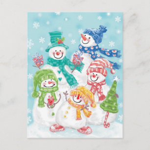 Cute Jul-familjen Snögubbe i Snö Helg Vykort