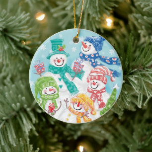 Cute Jul-familjen Snögubbe i Snö Julgransprydnad Keramik