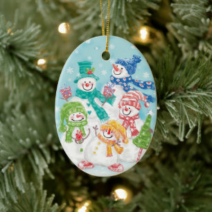 Cute Jul-familjen Snögubbe i Snö Julgransprydnad Keramik