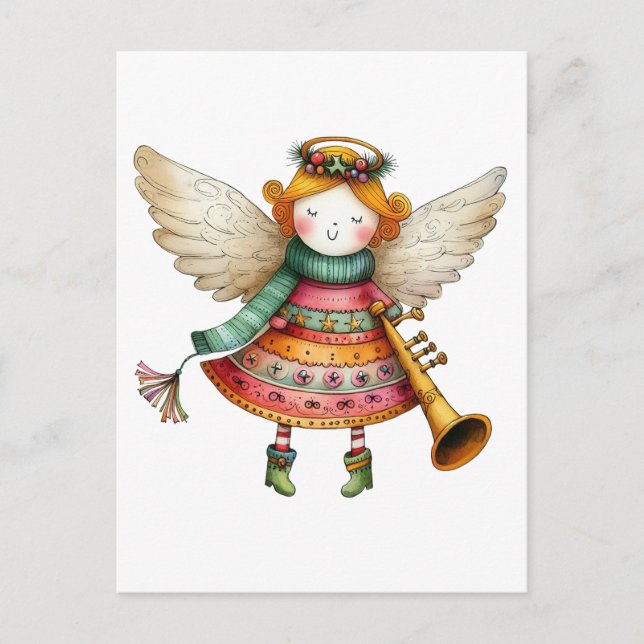Cute jul Folk Art Angel Helg Vykort (Framsida)