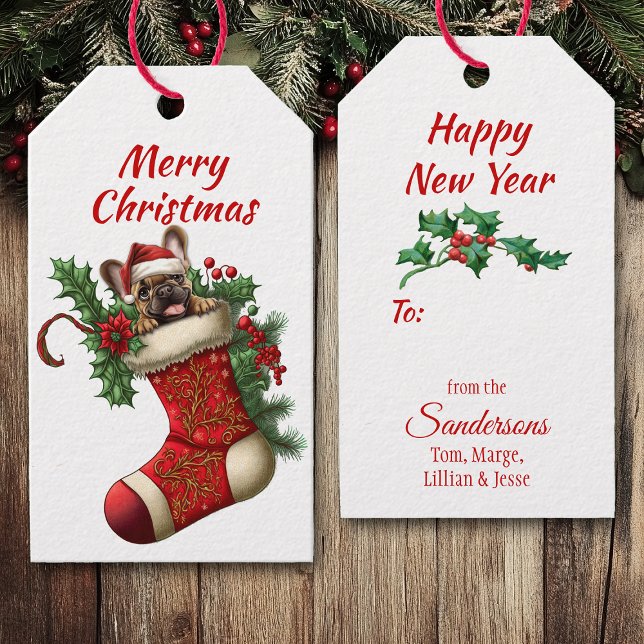 Cute Jul Fransk Bulldog Peeking Presentetikett (Skapare uppladdad)