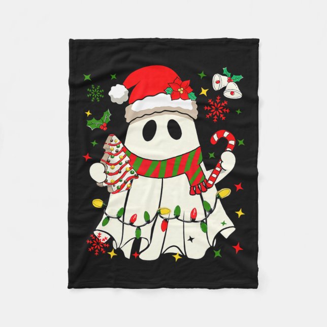 Cute Jul Ghost Holding Träd Cake Candy cane Fleecefilt (Framsidan)