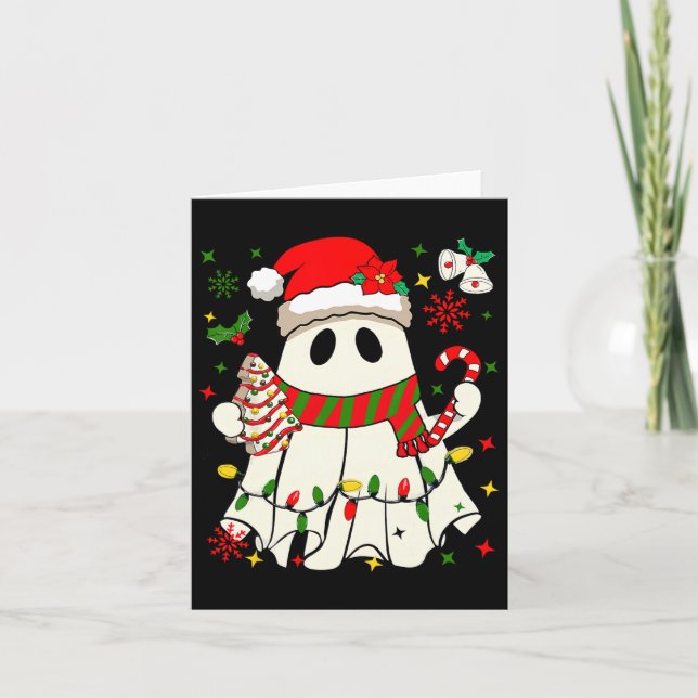 Cute Jul Ghost Holding Träd Cake Candy cane Kort (Framsida)