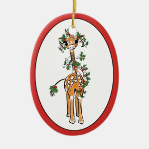 Cute jul giraffe teckning röd grönt julgransprydnad keramik