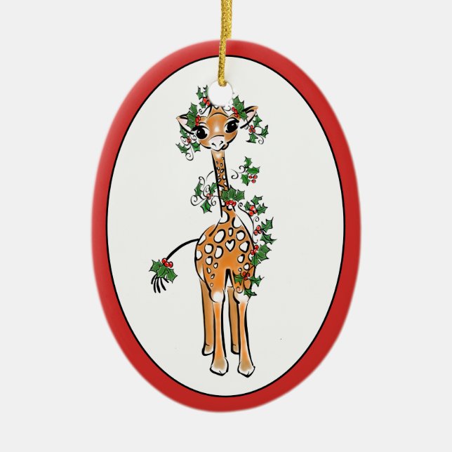 Cute jul giraffe teckning röd grönt julgransprydnad keramik (Framsidan)
