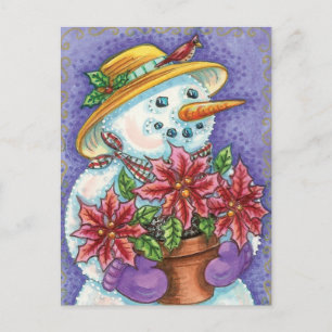 Cute Jul Girl Snögubbe med Poinsettia Helg Vykort