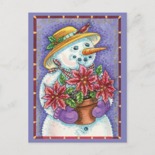 Cute Jul Girl Snögubbe med Poinsettia Helg Vykort