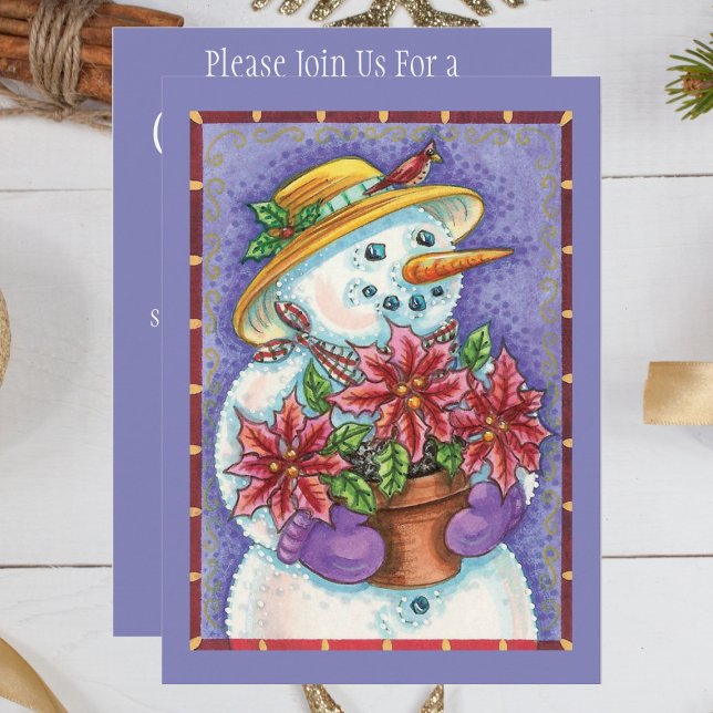 Cute Jul Girl Snögubbe med Poinsettia Inbjudningar (Skapare uppladdad)