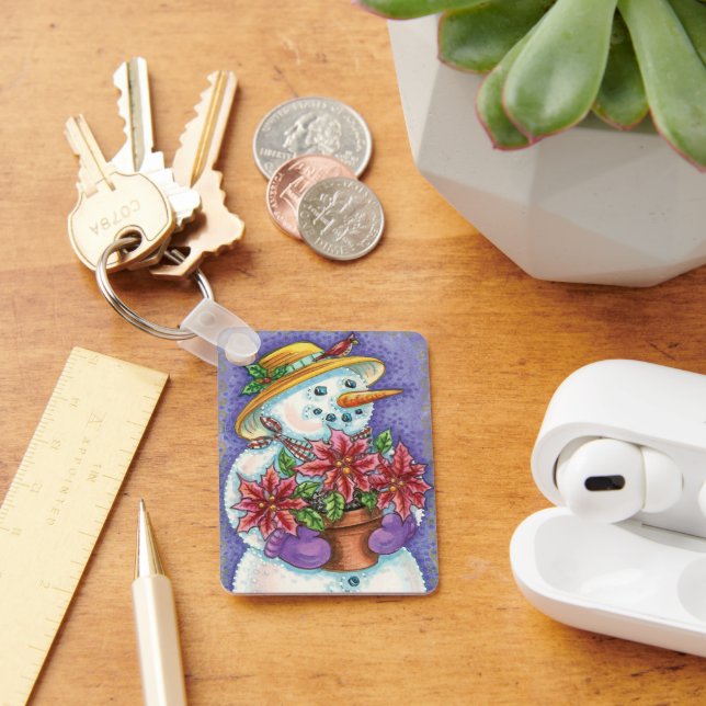Cute Jul Girl Snögubbe med Poinsettia Nyckelring (Skrivbord)