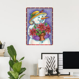 Cute Jul Girl Snögubbe med Poinsettia Poster