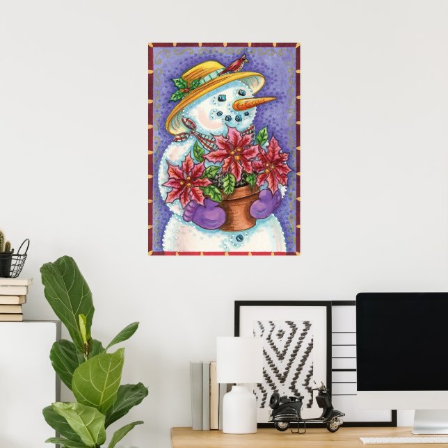Cute Jul Girl Snögubbe med Poinsettia Poster (Hemmakontoret)