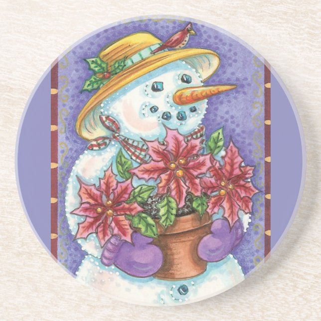 Cute Jul Girl Snögubbe med Poinsettia Underlägg Sandsten (Framsidan)
