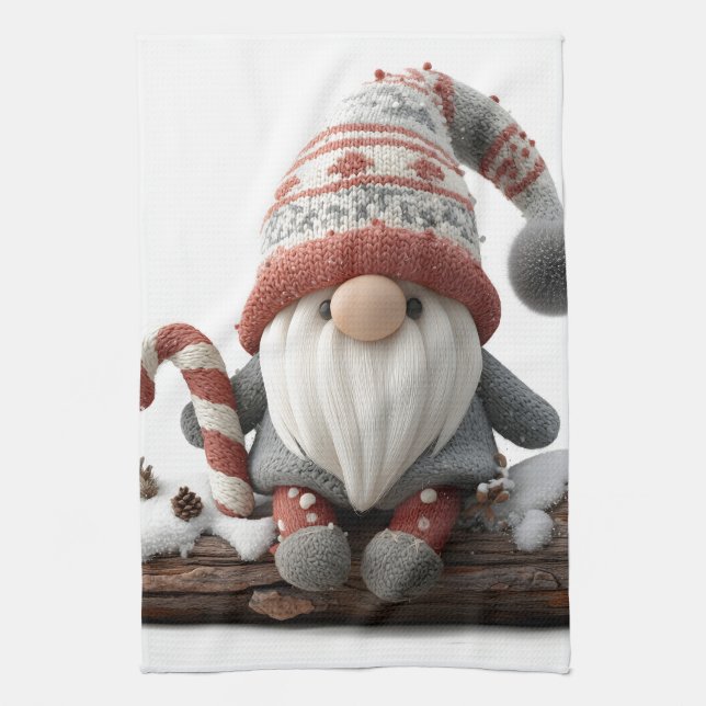Cute Jul Gnome med Candy cane på en logg Kökshandduk (Vertikal)