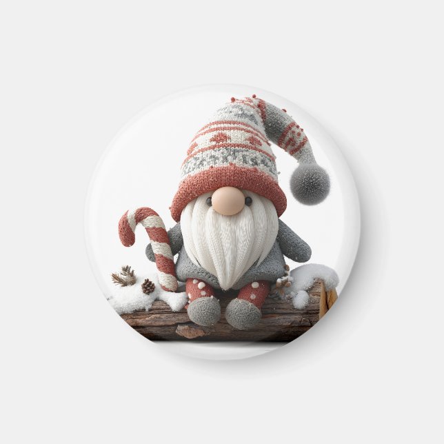 Cute Jul Gnome med Candy cane på en logg Magnet (Framsidan)