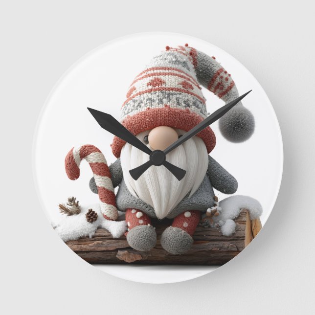 Cute Jul Gnome med Candy cane på en logg Rund Klocka (Framsida)