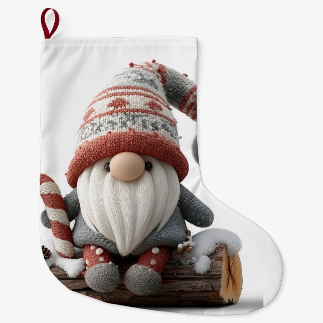 Cute Jul Gnome med Candy cane på en logg Stor Julstrumpa (Framsidan)