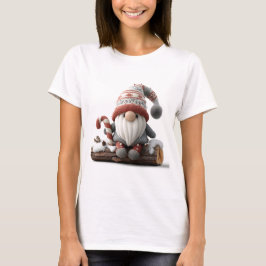 Cute Jul Gnome med Candy cane på en logg T Shirt