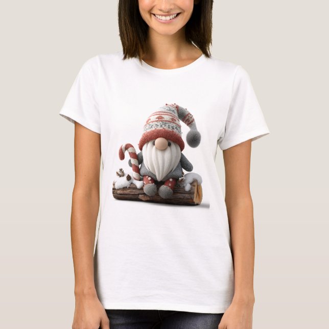 Cute Jul Gnome med Candy cane på en logg T Shirt (Framsida)