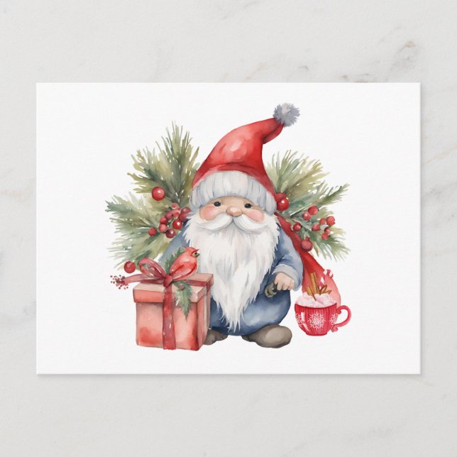 Cute Jul Gnome Watercolor Helg Vykort (Framsida)