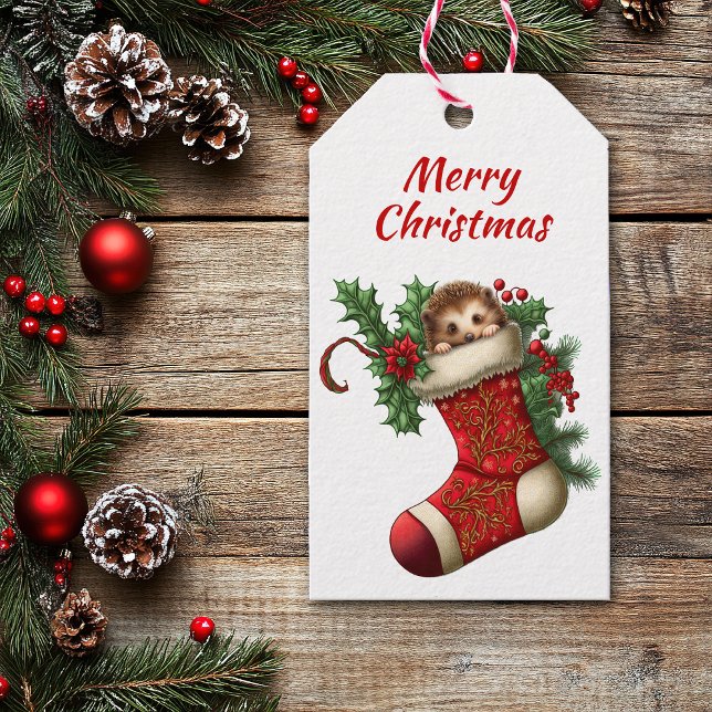Cute jul Hedgehog Peeking Presentetikett (Skapare uppladdad)