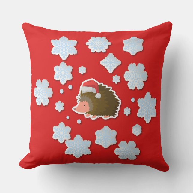 Cute jul Hedgehog Santa Hat Isig Snöflingor Kudde (Framsida)
