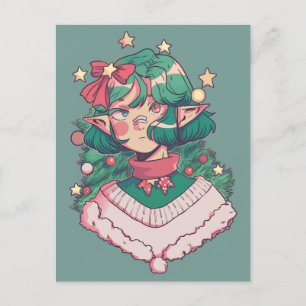 Cute Jul Helgdag Elf Anime Girl Helg Vykort