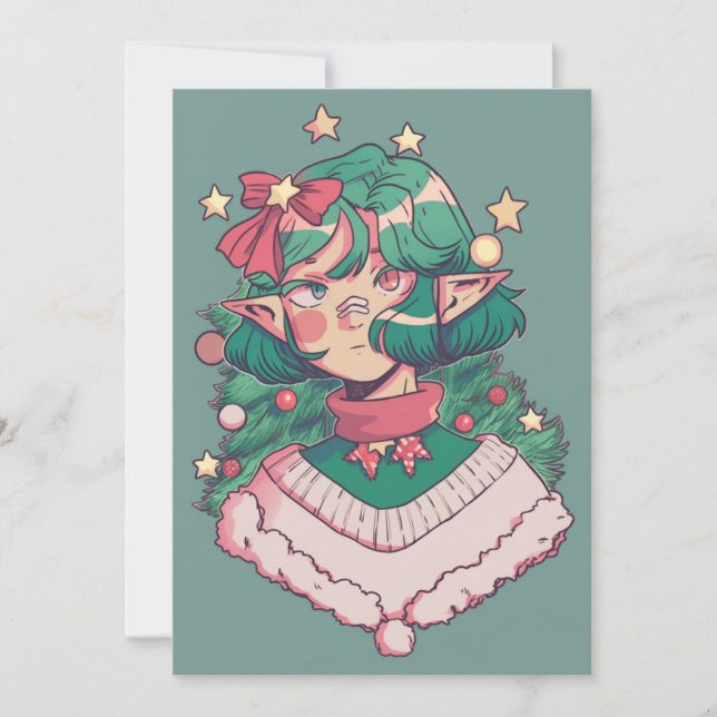 Cute Jul Helgdag Elf Anime Girl Julkort (Framsida)