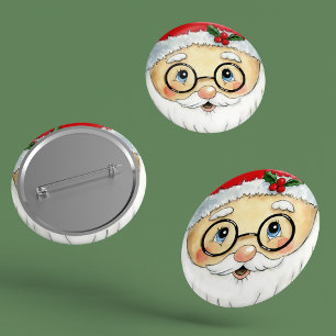 Cute Jul Helgdag Vattenfärgen Santa Ansikte Knapp