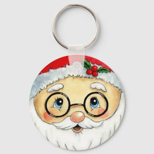 Cute Jul Helgdag Vattenfärgen Santa Ansikte Nyckelring