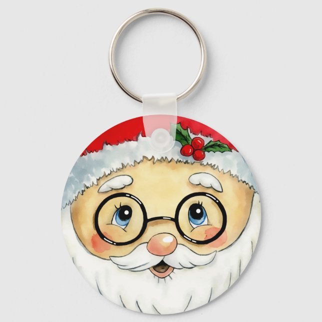 Cute Jul Helgdag Vattenfärgen Santa Ansikte Nyckelring (Framsida)