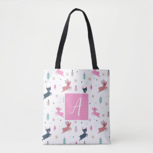 Cute Jul Hjort och Träd Monogram White Tygkasse