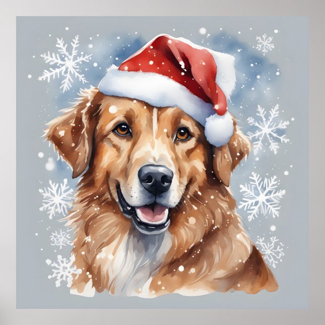 Cute Jul-Hund i Santa Hat och Snö Helgdag Poster (Framsidan)