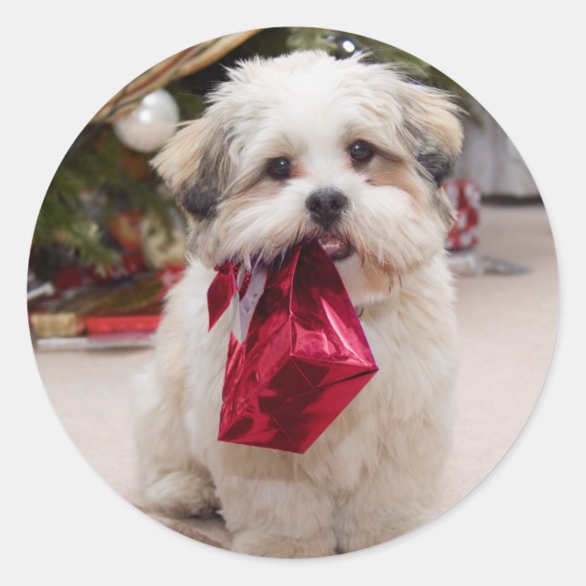 Cute Jul Hund Stickers Runt Klistermärke (Framsida)