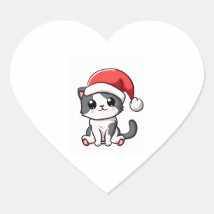 Cute Jul-kattunge med julhatt Hjärtformat Klistermärke