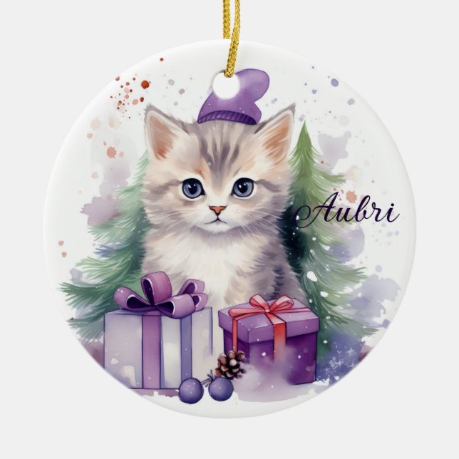 Cute Jul Kitten med julklappar Julgransprydnad Keramik (Framsidan)